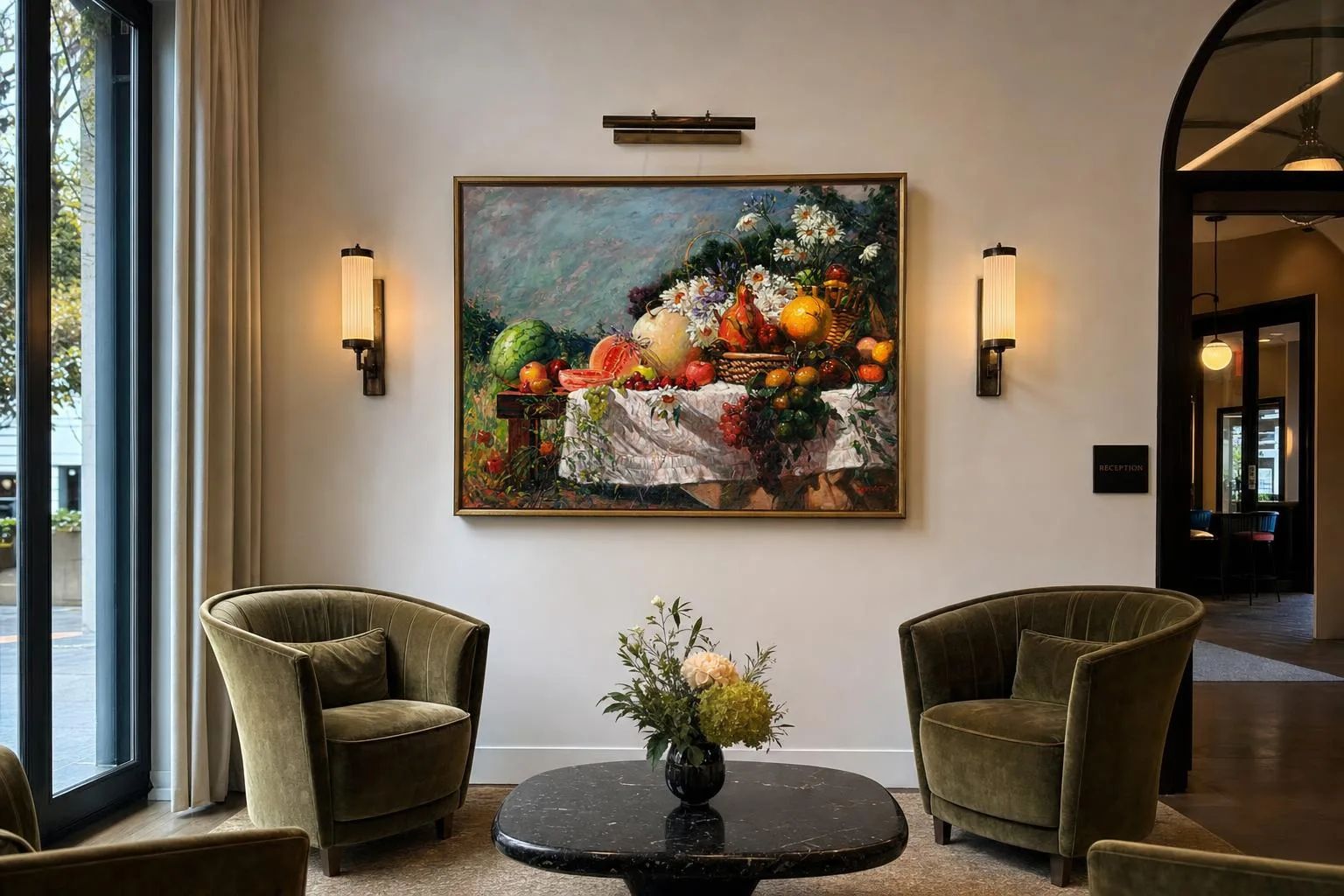 Fruits and Daisies shown in a hotel lobby