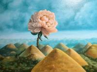 surreal art, giant peony flower within landscape chocolate hills, oi painting