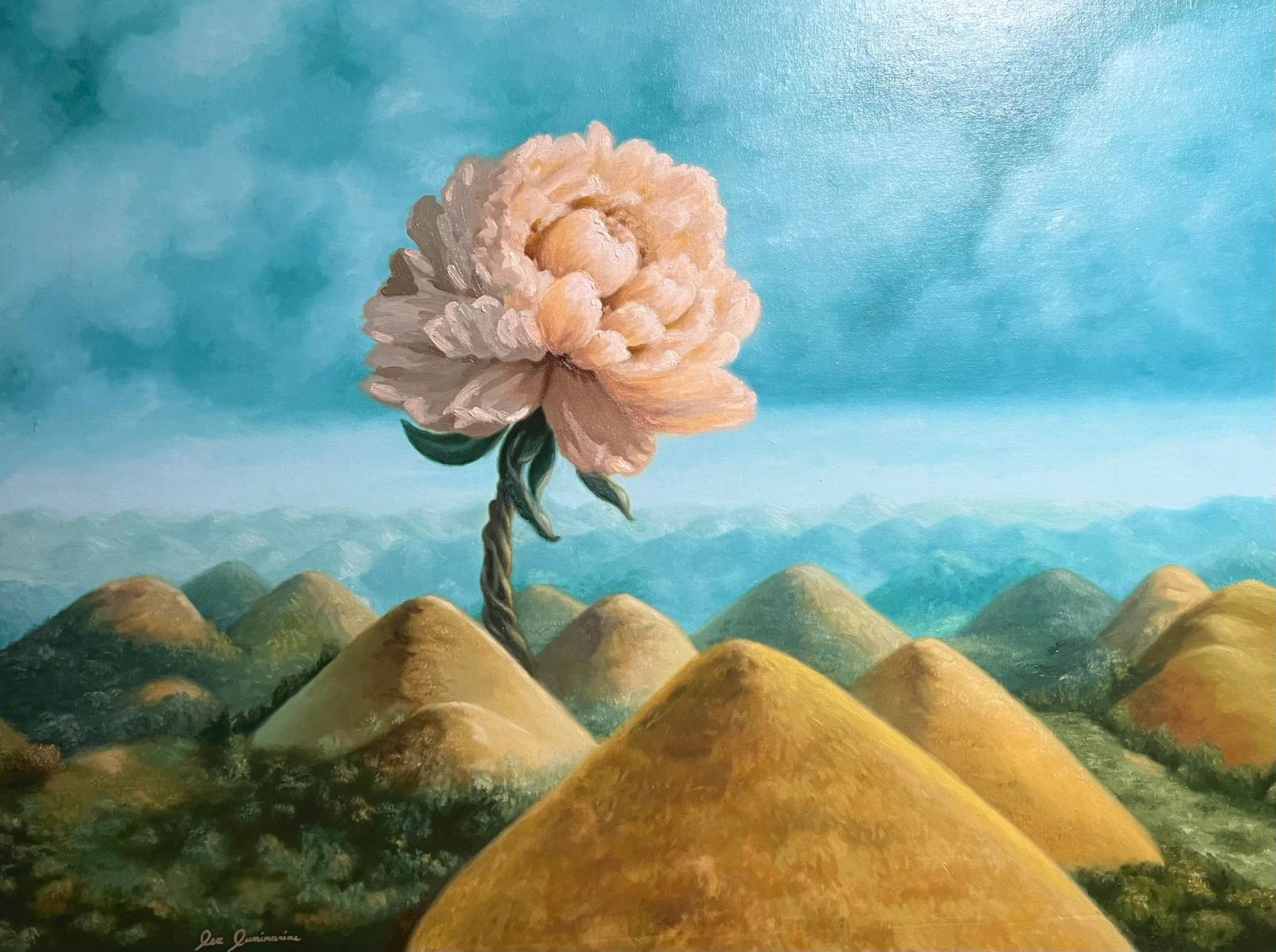 surreal art, giant peony flower within landscape chocolate hills, oi painting
