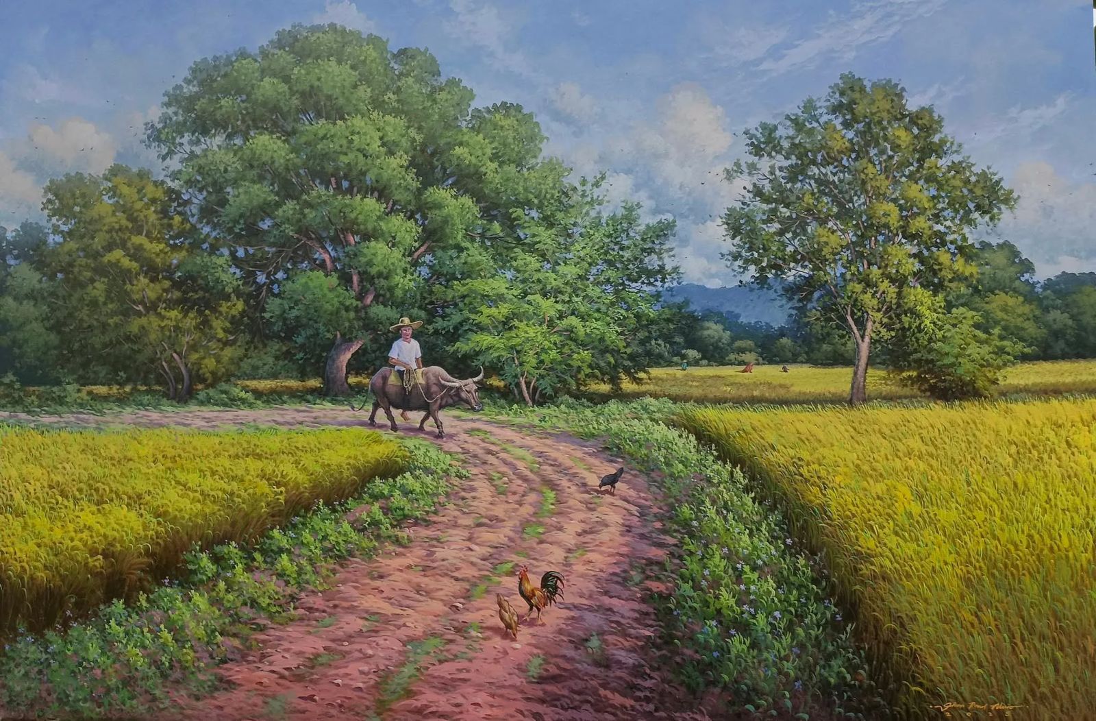 "Country Ride" – Philippine rural landscape painting, a farmer in a straw hat riding a carabao along a red-earth dirt path winding through golden rice fields, with lush green trees, rooste