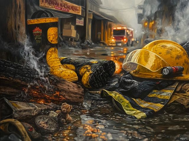 APULADO, a realistic oil painting depicting the aftermath of a fire, with a wet firefighter uniform, boots and helmet on a rain-soaked road, smoldering wood, smoke, and scattered belongings in the bur