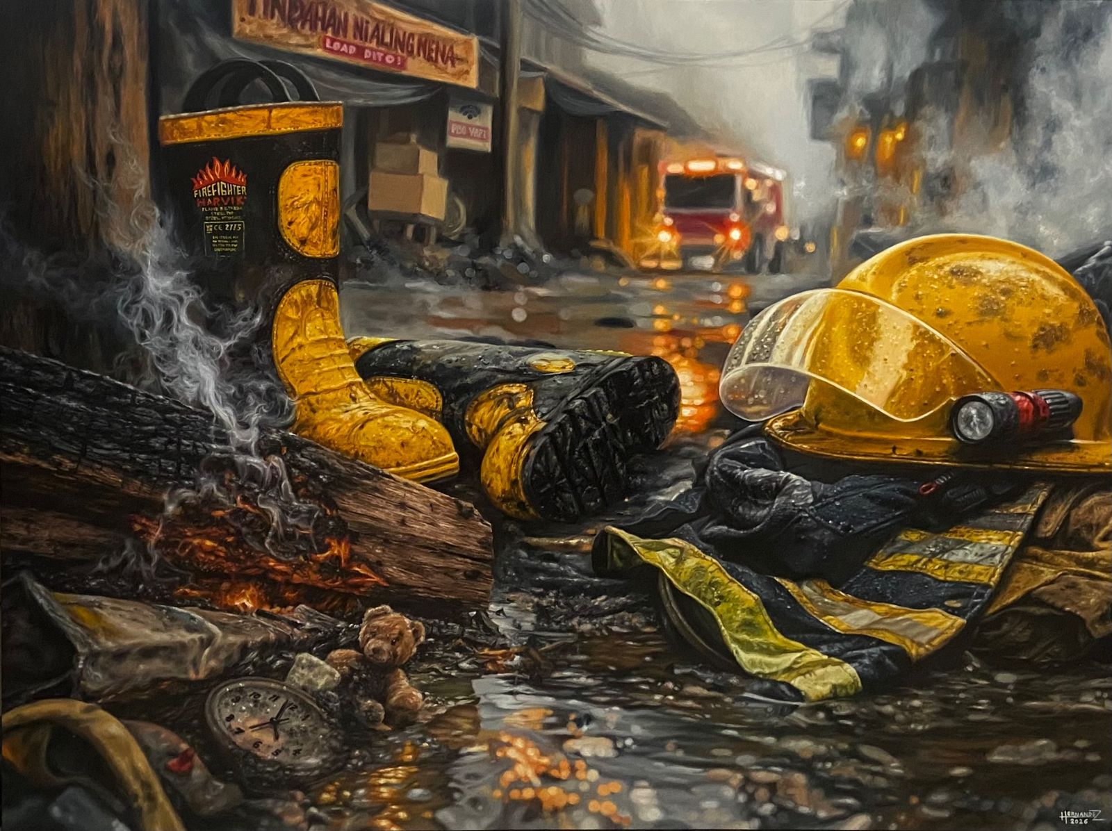 APULADO, a realistic oil painting depicting the aftermath of a fire, with a wet firefighter uniform, boots and helmet on a rain-soaked road, smoldering wood, smoke, and scattered belongings in the bur