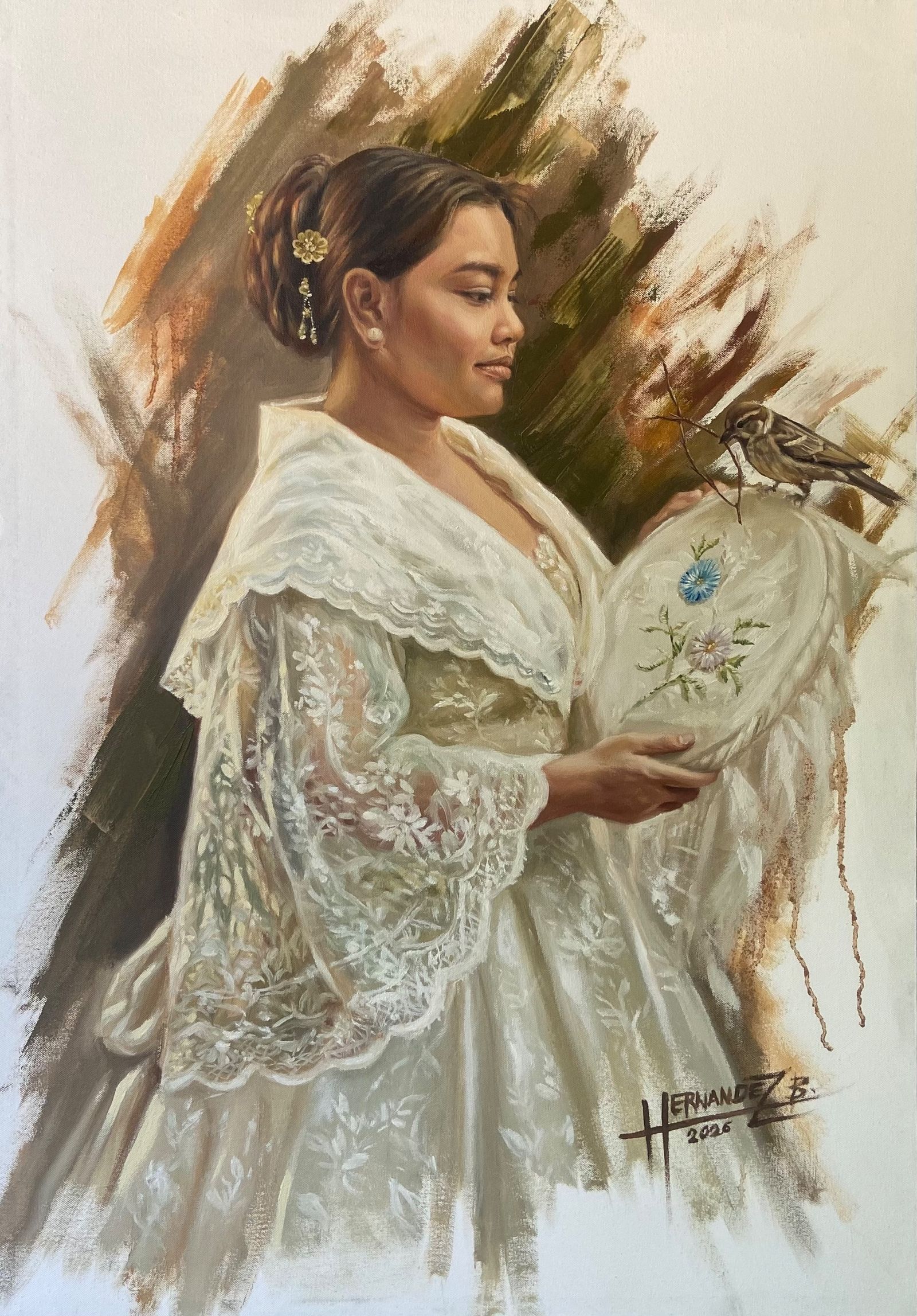 Oil painting titled “Sa Piling Mo” (2026) by Hernandez B. A young Filipino woman in traditional white lace baro’t saya with flower hairpins and pearl earrings gently holds an embroidery hoop with blue