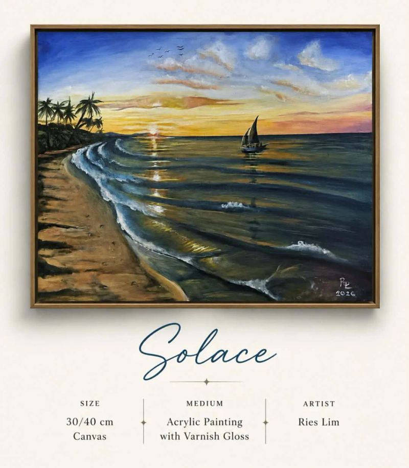 Original acrylic painting titled Solace, depicting a peaceful landscape beneath a glowing sun, with soft colors and expressive brushstrokes creating a calm and comforting atmosphere.
