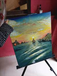 Original acrylic painting titled Elsewhere, portraying a peaceful scene that evokes a sense of escape and tranquility. — Detail