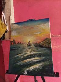 Original acrylic painting titled Elsewhere, portraying a peaceful scene that evokes a sense of escape and tranquility. — Signature