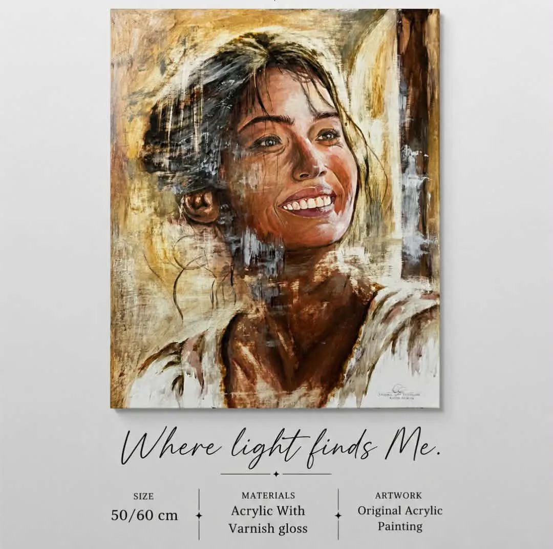 Original acrylic painting Where Light Finds Me, portraying light and shadows in a peaceful, hopeful atmosphere. — Full view