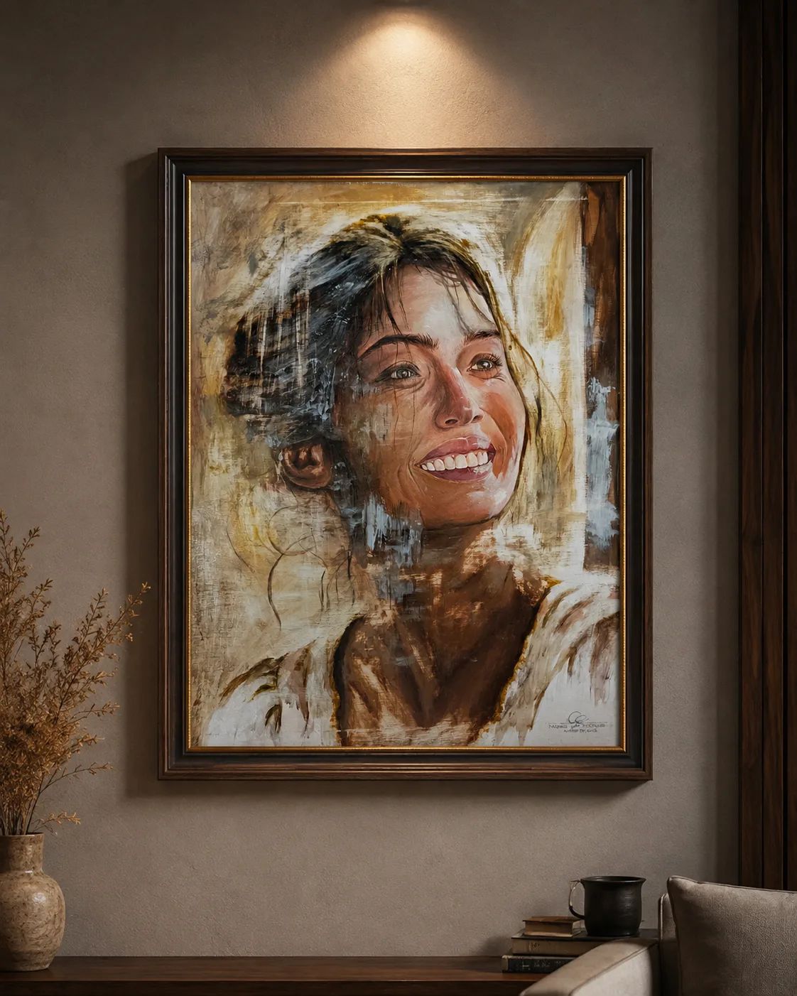 Original acrylic painting Where Light Finds Me, portraying light and shadows in a peaceful, hopeful atmosphere. — Detail