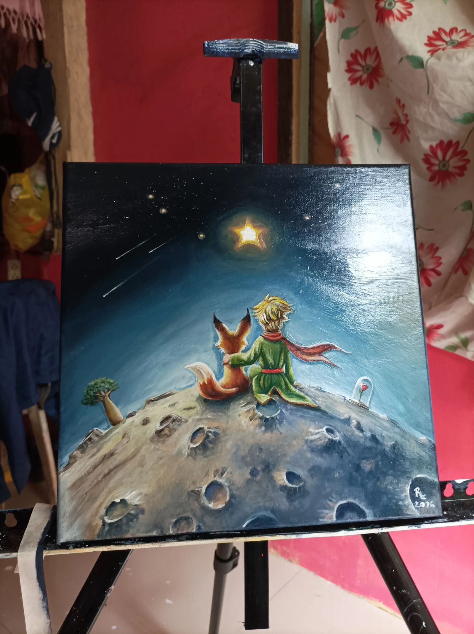 Original acrylic painting inspired by The Little Prince, portraying themes of wonder, love, friendship, and imagination. — Signature