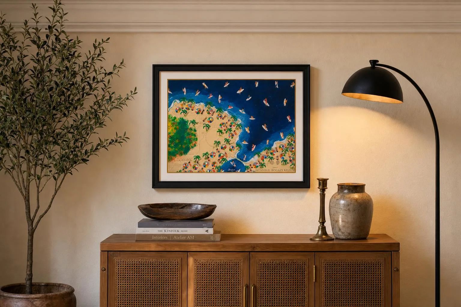 Beach to Remember "Aegean Sea - TURKEY" by Jorge Fuedan Jr. above a console in a cozy traditional home
