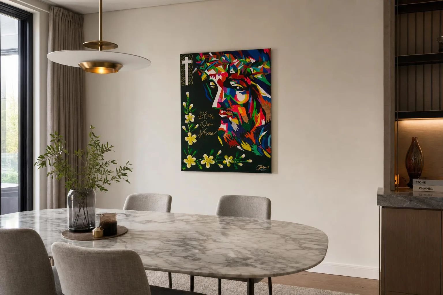 Abstract Jesus Christ shown in a dining room