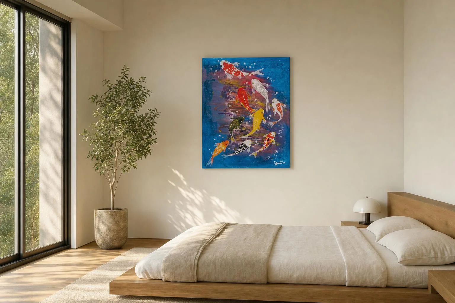 Abundance in Motion-Lucky 9 Koi shown in a bedroom